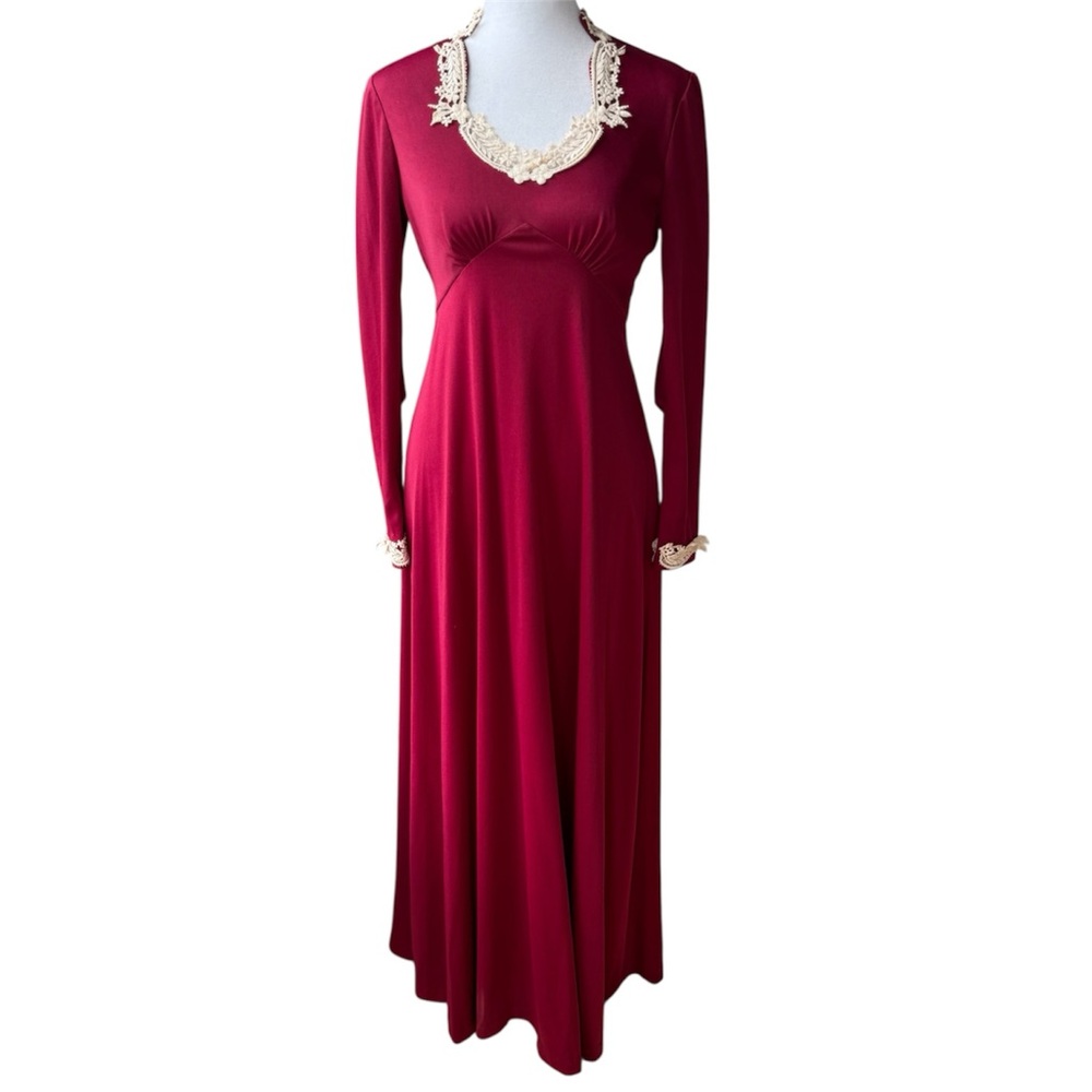 Vintage 70s Burgundy Wine Cream Lace Empire Waist Floor m Length Polyester Dress